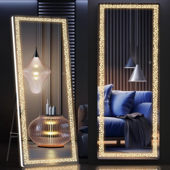 62" x 17" Full Length Mirror with LED Lights, Full Mirror with Triangle Light, LED Free Standing Floor Mirror, Wall Mounted Mirror Dimming & 3 Color Modes (White)