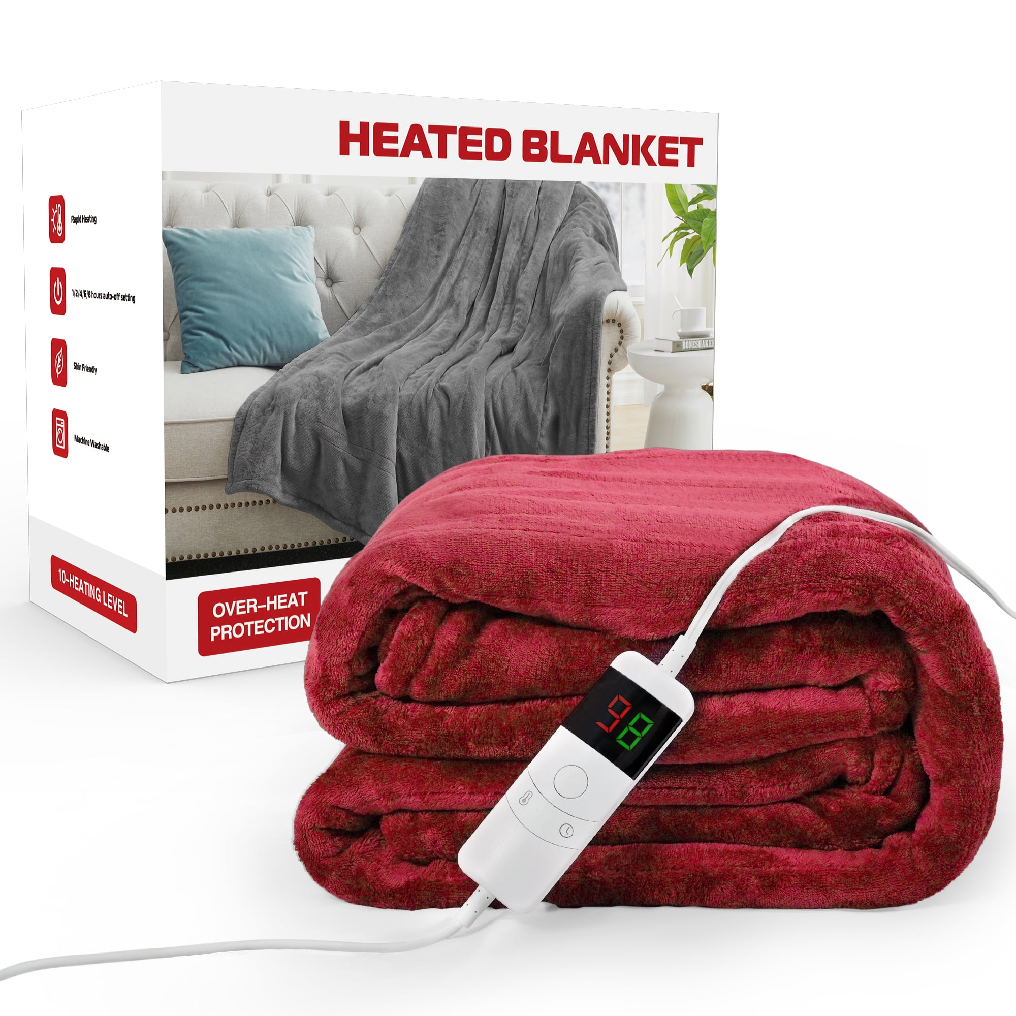 62x84 Heated Electric Blanket Fast Heating Lap Flannel Blanket 1 2 4 6 8 Hours Auto off 10 Heat Level Winter Throw Blankets Over heat Protection Flannel Heater Throws Machine Washable Wine in Seychell...