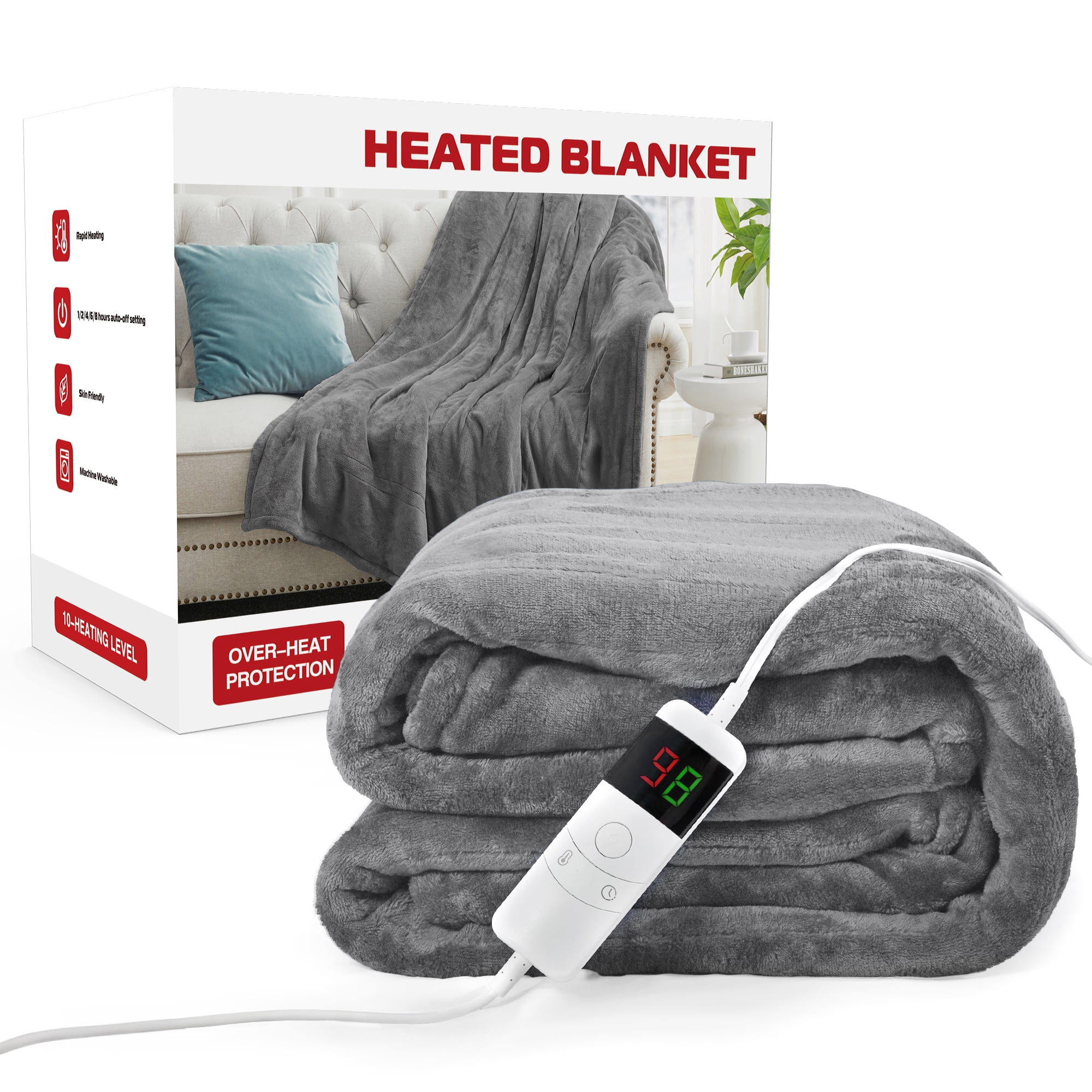 62"x84" Heated Electric Blanket Fast Heating Lap Flannel Blankets, 1/2