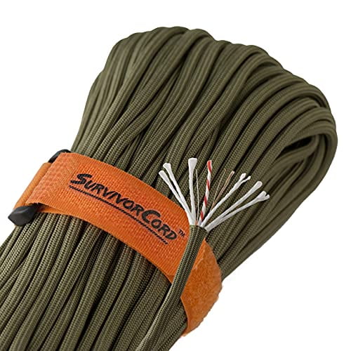 620 LB SurvivorCord - The Original Patented Type III Military 550 Parachute  Cord with Integrated Fishing Line, Multi-Purpose Wire, and Waterproof Fire  Starter. 100 FEET, Olive-DRAB Paracord 