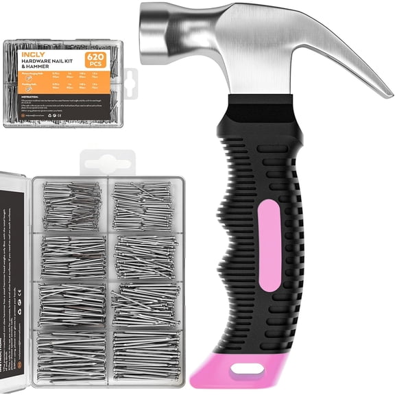620 PCS Small Nails for Hanging Pictures Assortment Kit with 8oz Pink Small Hammer, Mini Hammer Set with Hardware Nails Assorted Set 310 Wall Nails & 310 Finish Nails for Installing with Case
