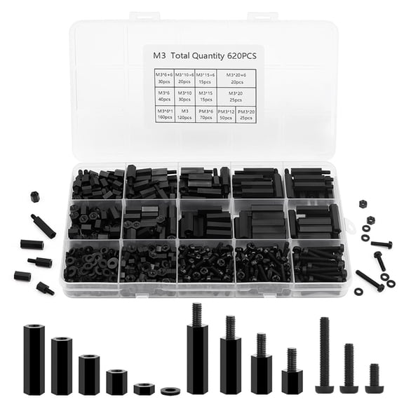 620-Piece M3 Nylon Standoff Kit, Black Threaded Spacers with Screws Nuts Washers, Motherboard & PCB Mounting Standoffs