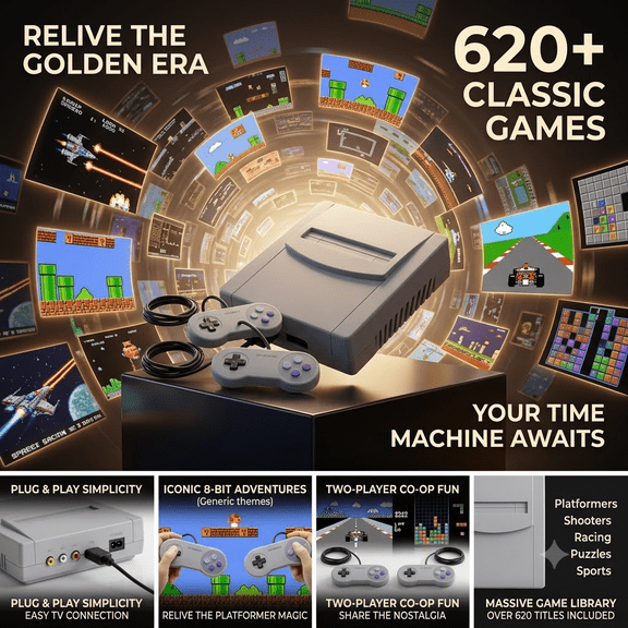 620Games High Definition Retro Game Console, Retro Two Player Game Console with Two Game Controllers | Compatible with TVs, Computers, and Projectors, Great Choice for Holiday and Cozy Momen