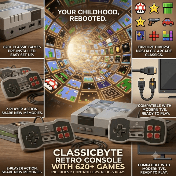 620Games High Definition Retro Game Console, Retro Two Player Game Console with Two Game Controllers | Compatible with TVs, Computers, and Projectors, Great Choice for Holiday and Cozy Momen