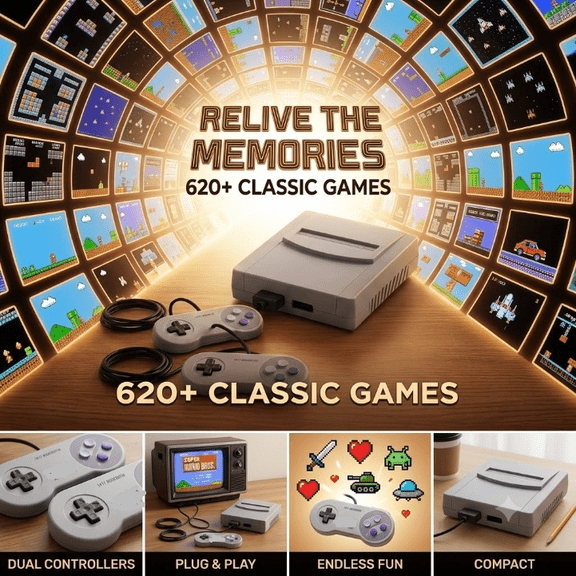 620Games High Definition Retro Game Console, Retro Two Player Game Console with Two Game Controllers | Compatible with TVs, Computers, and Projectors, Great Choice for Holiday and Cozy Momen