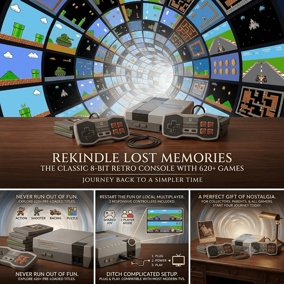 620Games High Definition Retro Game Console, Retro Two Player Game Console with Two Game Controllers | Compatible with TVs, Computers, and Projectors, Great Choice for Holiday and Cozy Momen