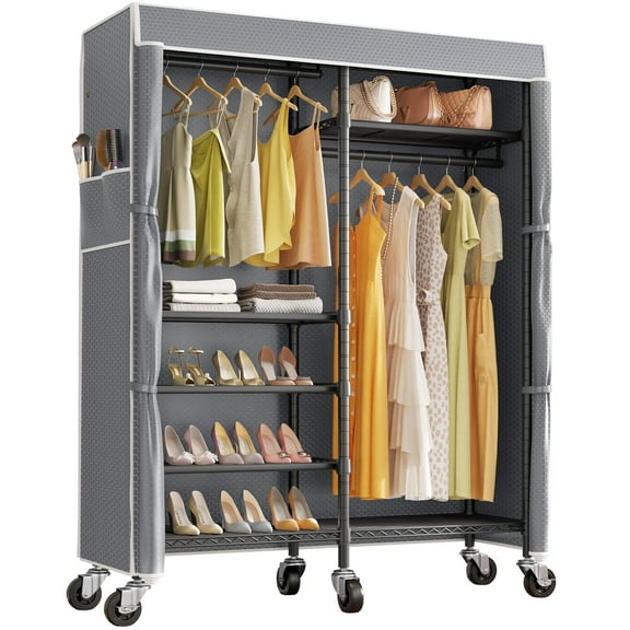 VIPEK R4C Rolling Garment Rack 6 Tiers Adjustable Heavy Duty Wire Shelving Portable Clothes Rack with Lockable Wheels, Black Metal Clothing Rack with Grey Upgraded Polyester Cover, Max Load 620lbs