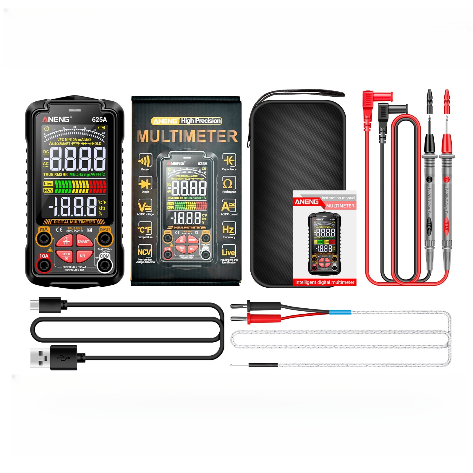 625A Intelligent Digital Multimeter - Rechargeable 6000 Count Multi-Function Tester for Electricians & DIY Maintenance | Auto Power-Off, Data Hold