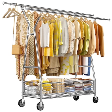 625LBS Heavy Duty Clothes Rack, Double Rod Clothing Rack with Wheels, 70"H Adjustable Garment Rack with Metal Basket
