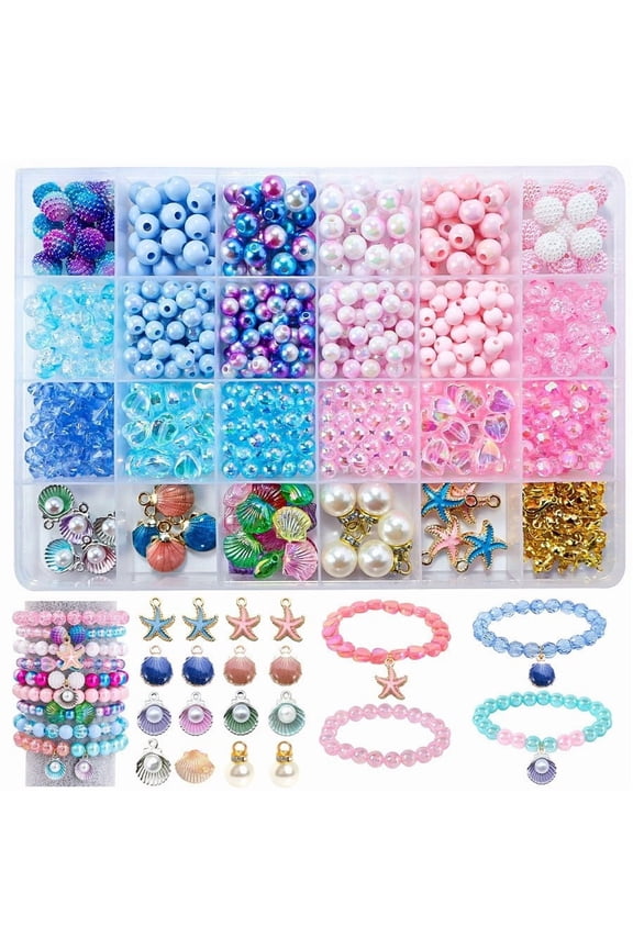 625Pcs Assorted Beads Bracelet Making Kit, 6 Colors Cute Stuff Acrylic Charms for Jewelry Making Crafts Kawaii Pearl Starfish Shell Shaped Bead for DIY Keychain Bag Lipgloss Charms
