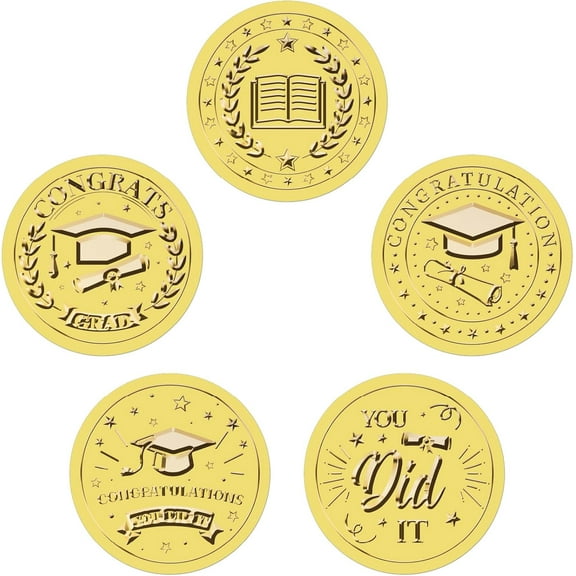 625Pcs Graduation Cap Gold Envelopes Seals Stickers 5 Style 1.5" Foil Embossed Self Adhesive Certificates Round Labels for Invitation Award Corporate Diplomas Wedding Gift Wrapping Decor Golden
