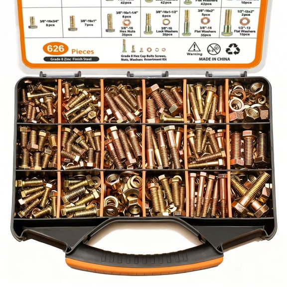 626PCS Assorted Nuts and Bolt Assortment Kit, SAE Grade 8 Heavy Duty Bolts and Nuts Kit, Including 1/4-20 5/16-18 3/8-16 1/2-13 SAE Sizes