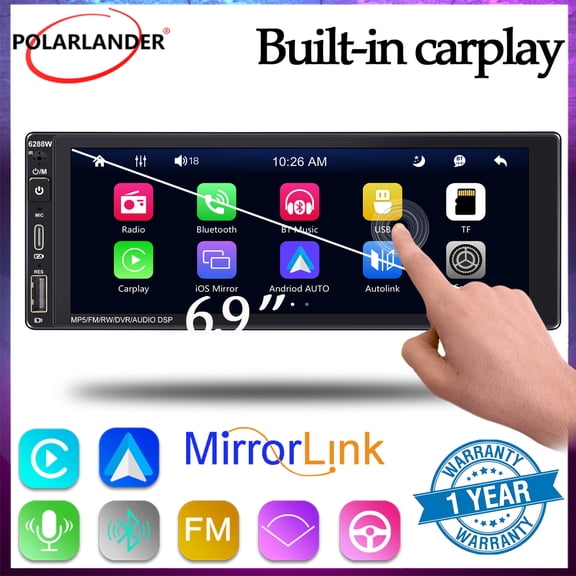 6288W 6.9" wireless carplay single spindle short wince system FM AM, RDS Bluetooth car MP5 player