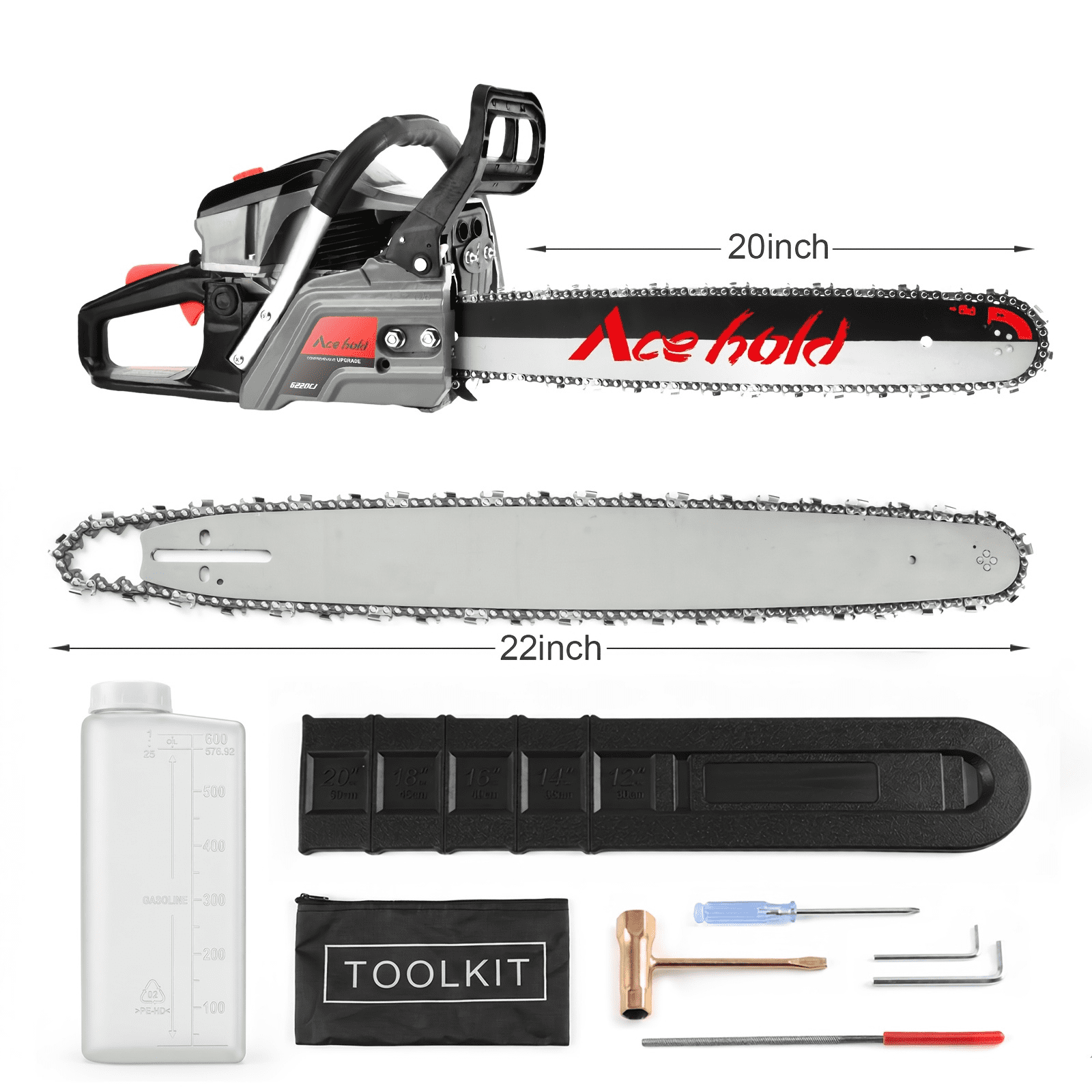 62CC 2-Stroke 20" Gas Powered Chainsaw Double guide plate gray