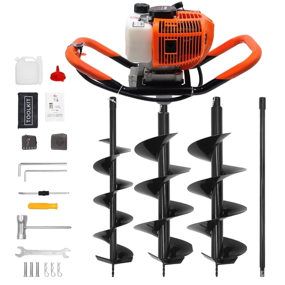 62CC Auger Post Hole Digger, 2 Stroke Gas Powered Earth Post Hole Digger with 2 Auger Drill Bits(6" & 8") 1 Extension Rods for Farm Garden Plant