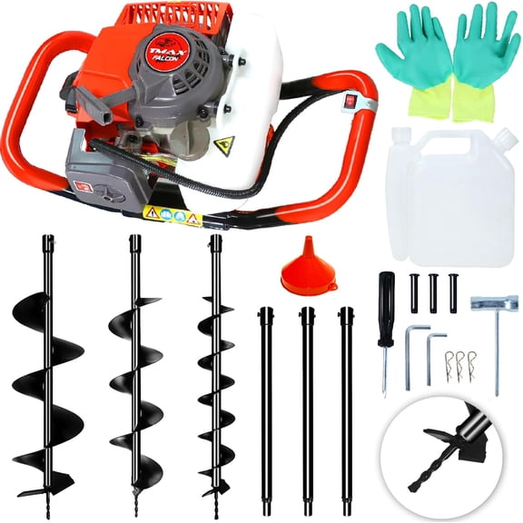 62CC Auger Post Hole Digger with 3 Auger Drill Bits(3" & 5 & 8") + 3 Extension Rods(24" & 24" & 24"), Gas Powered 2-Stroke Earth Digger for Orchard Farm Garden Plant