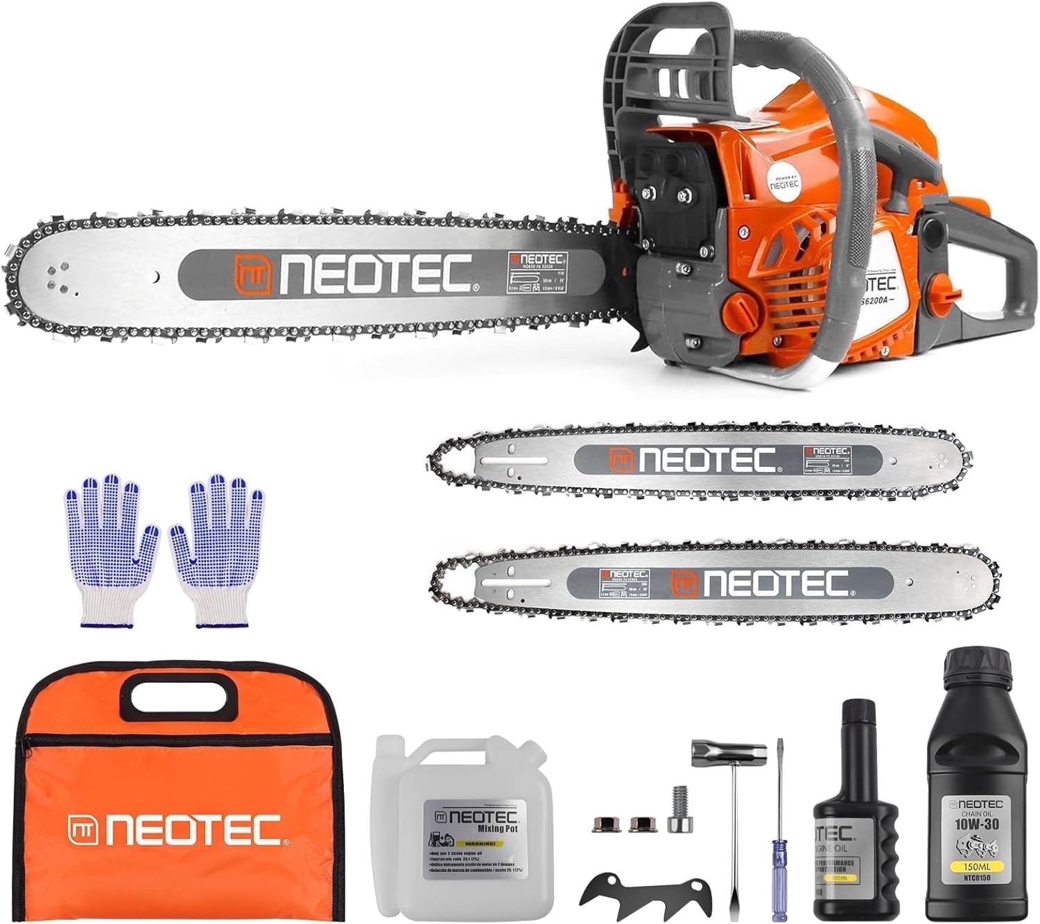 NEOTEC 62CC Gas Chainsaw, 18 Inch and 22 Inch Bar Included, 2-Cycle Handheld Gas Powered Chainsaw, Low Vibration Easy Start Petrol Chain Saw for Tree Cutting