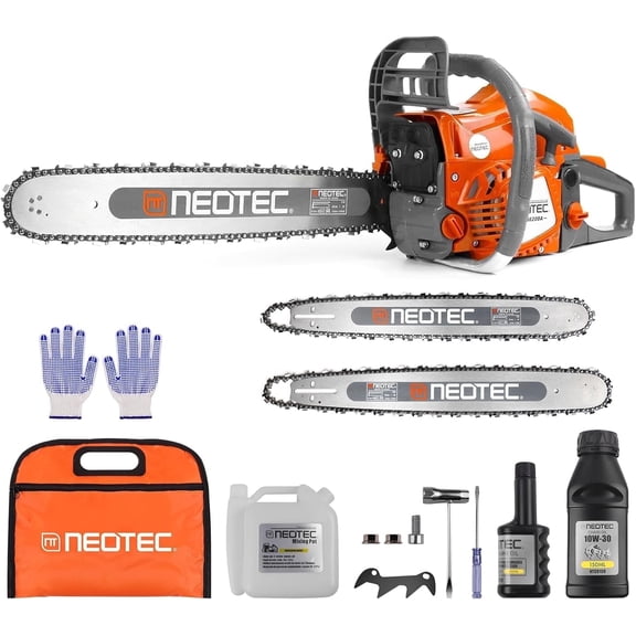 NEOTEC 62CC Gas Chainsaw, 18 Inch and 22 Inch Bar Included, 2-Cycle Handheld Gas Powered Chainsaw, Low Vibration Easy Start Petrol Chain Saw for Tree Cutting