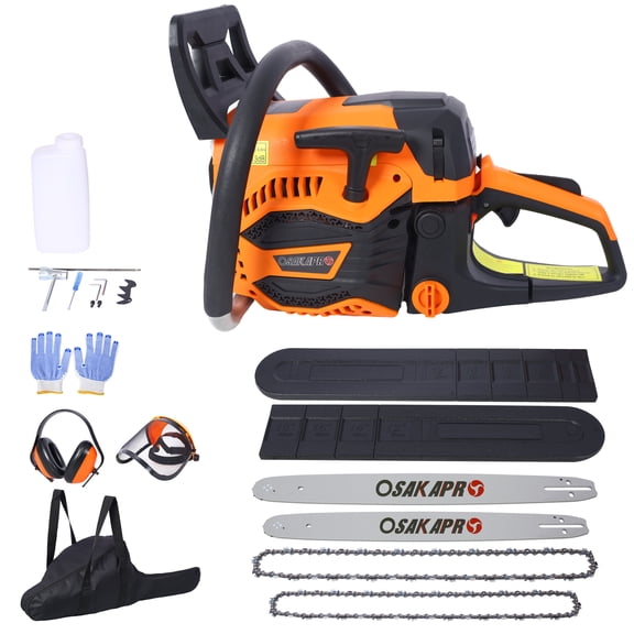 62CC Gas Powered Chainsaw 2-Cycle Petrol Handheld Cordless Chain Saw for Tree Wood Cutting with 18 and 20 Guide Bar and Chain Safety Kit Storage Bag EPA Compliant Orange