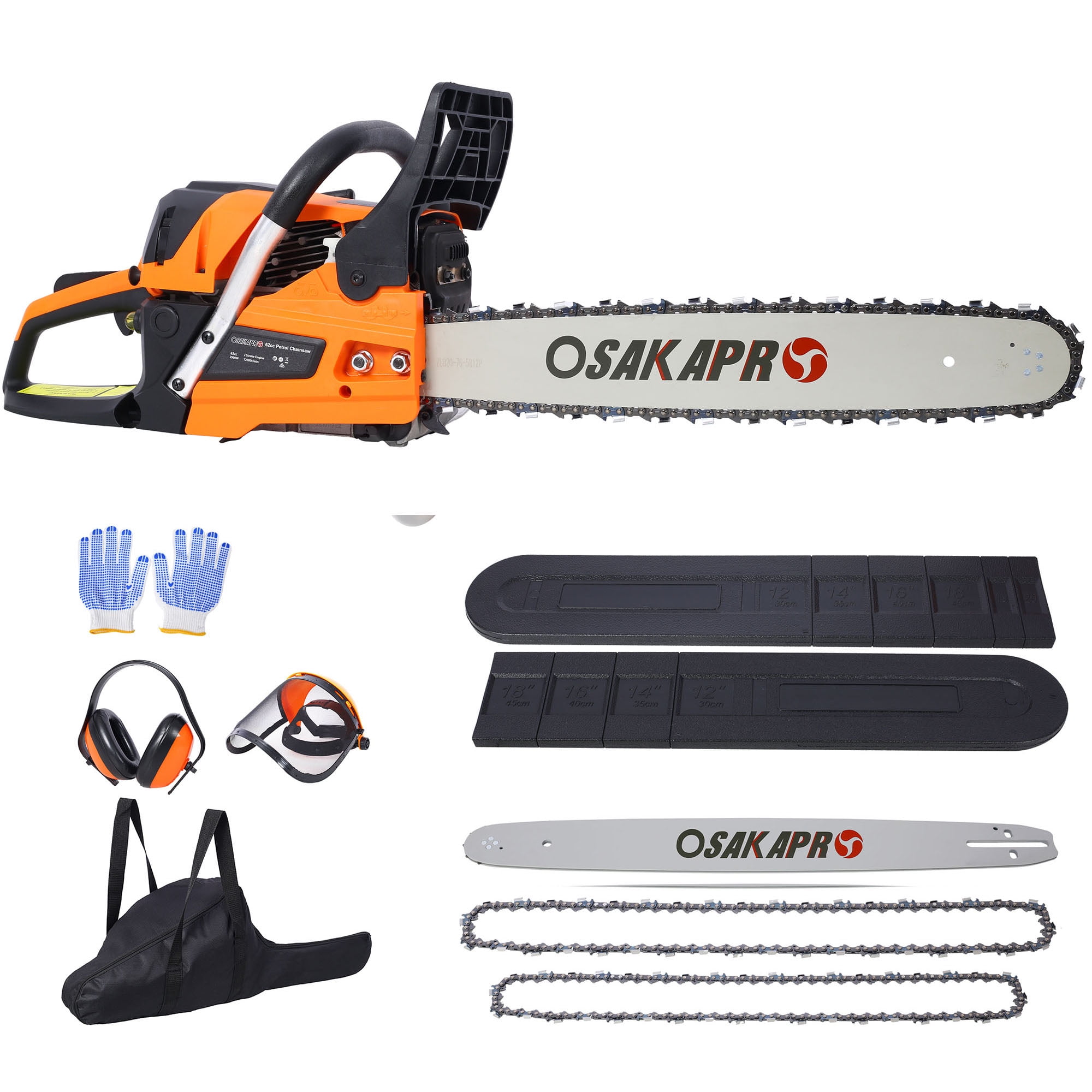 62CC Gas Powered Chainsaw with 18 and 20 Inch Bar for Effortless Tree Wood Cutting, Durable 2-Cycle Petrol