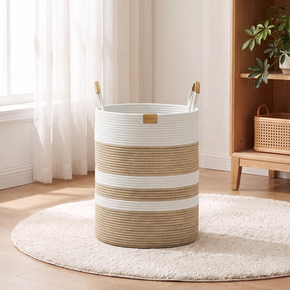 Nunsino 62L Cotton Rope Laundry Basket Hamper with Leather Handles, Large Storage Basket, Beige Stripes