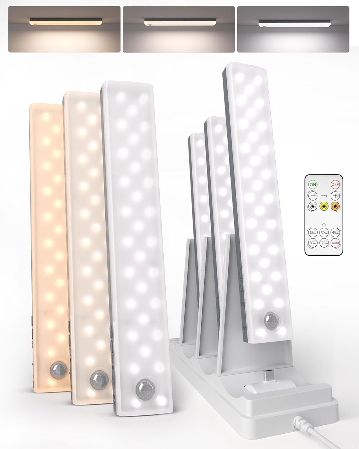 62LED Under Cabinet Lighting with Charging Station 6 Pack, 2000mAh Rechargeable Battery Operated Motion Sensor Light, 3 Color Temps, Dimmable Wireless Closet Lights w/Remote for Kitchen, Pantry