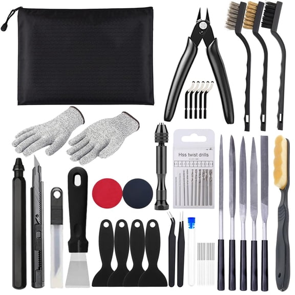 62PCS 3D , 3D Post-Processing Accessories with Hand Drill, Deburring Tool, Cutter, Needle Files, Scrapers, Brushes, Tweezers, and Nozzle Cleaning Set for 3D Model Finishing