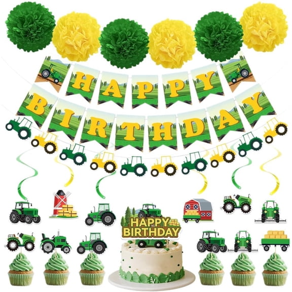 62PCS Tractor Birthday Party Decorations, Tractors Birthday Balloons Tractors Banner Flower Balls Hanging Swirls for Tractor Birthday Party Supplies