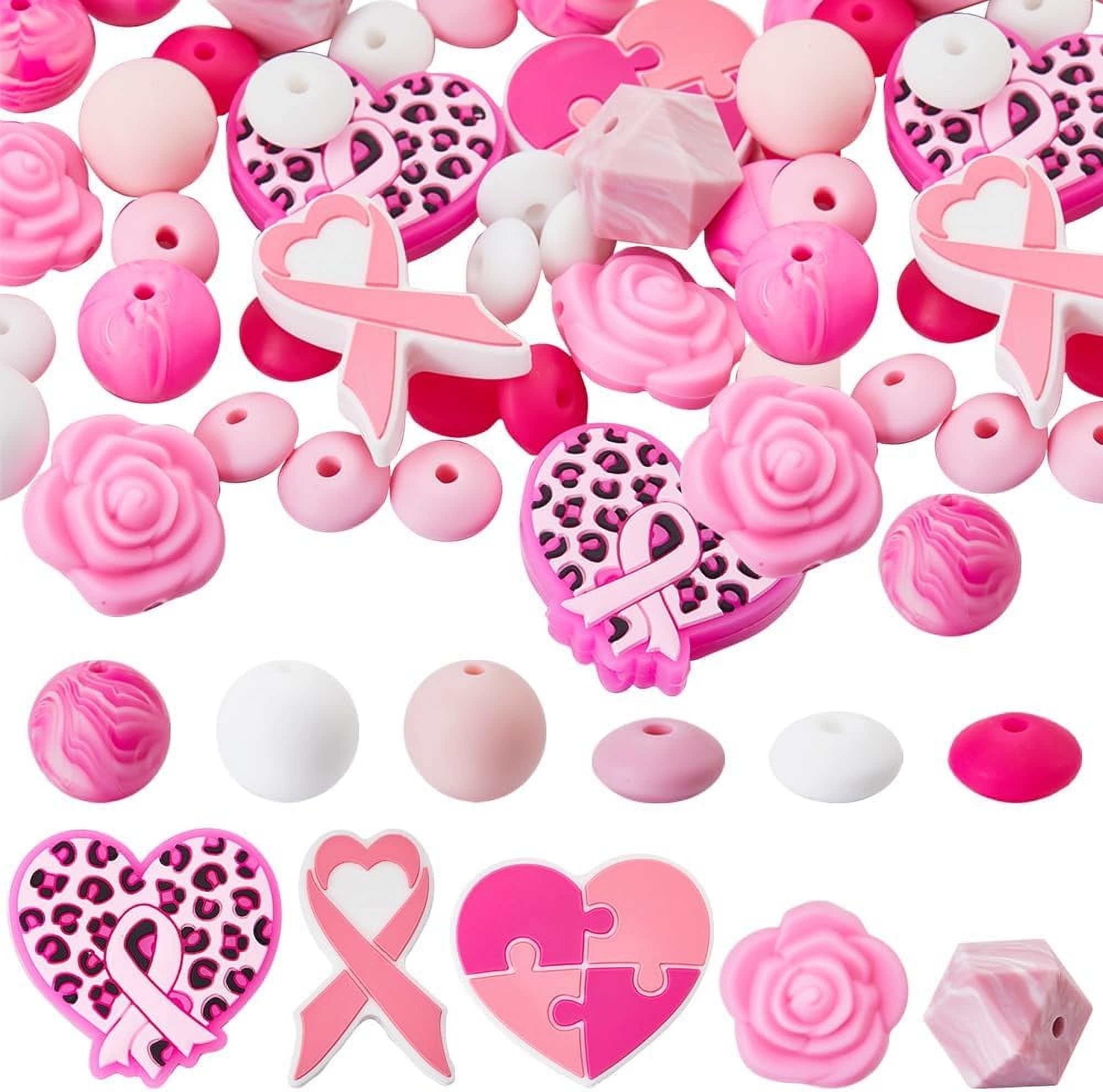 62Pcs 11 Styles Pink Ribbon Silicone Beads Breast Cancer Bead Bulk Soft ...