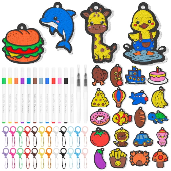 62Pcs 3D Foam Texture Painting Kit Puffy Paint Kit Including 24 Foam Texture Paper 12 Color Acrylic Marker Pen 2 Water Brush 24 Lobster Chain Art Painting (Colourful)