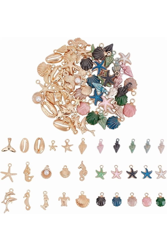 62Pcs Ocean Starfish Seashell Charms 31 Styles Tibetan Conch Ocean Charms Colorful Enamel Sea Animal Charm Summer Charm