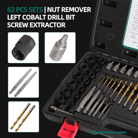 62Pcs Screw Extractor Set with Left Hand Drill Bit, Bolt Extractor Kit for Damaged and Rusty Screws
