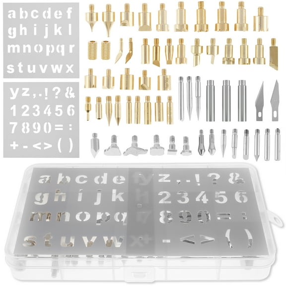 62Pcs Wood Burning Tips Kit with Alphabet Number Stencil Reusable Copper Pyrography Carving Tips Multipurpose Embossing Carving Pen Tips DIY Soldering Iron Tips for Soldering Jewelry