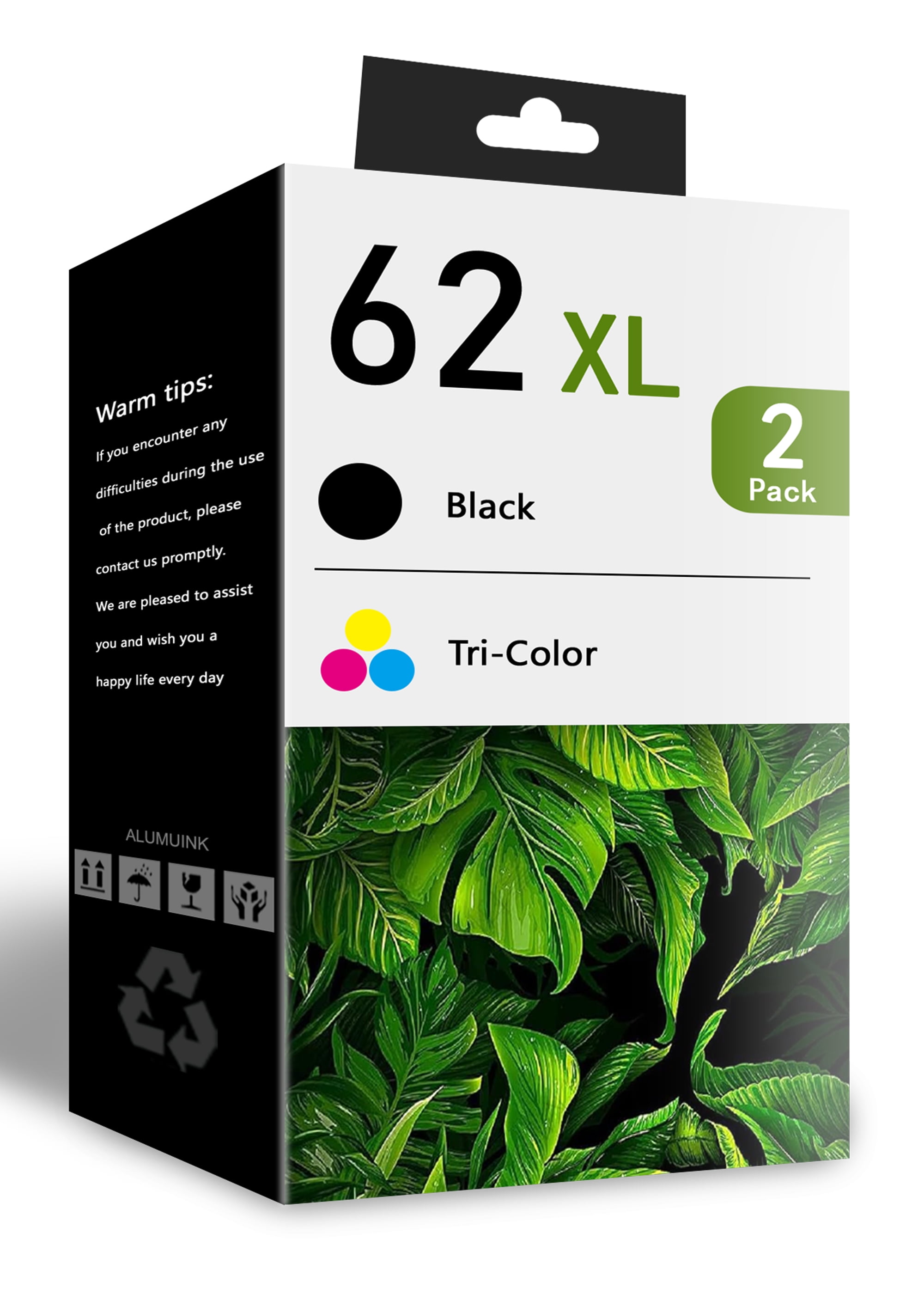 62XL 2 Pack Black/TriColor Ink Cartridge Replacement for HP Envy 7640