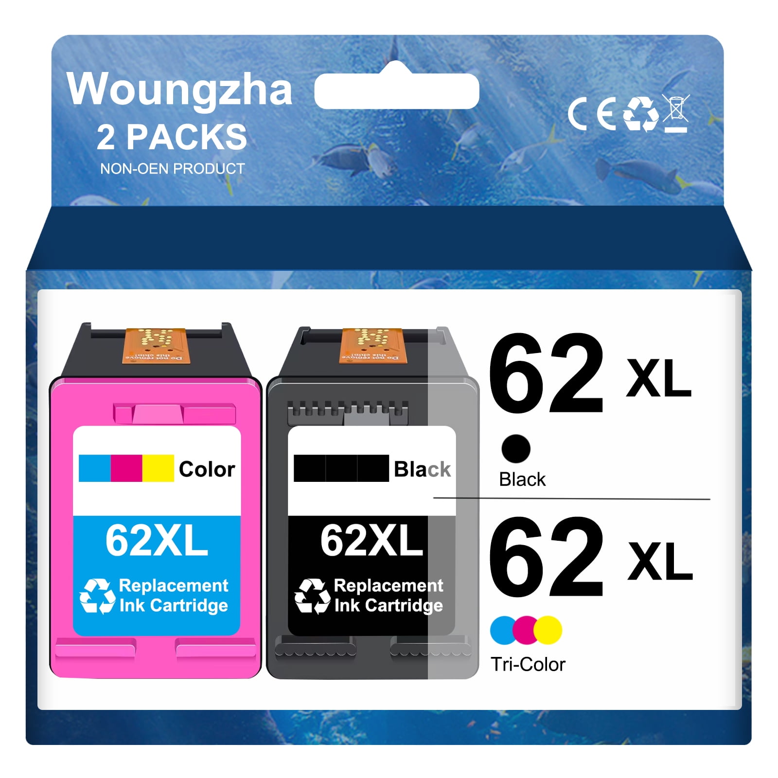 62XL 62 Ink Cartridge Compatible for HP 62XL Ink Cartridge Combo for Printer HP 5540 5640 5660 7644 7645 OfficeJet 5740 8040 OfficeJet 200 250 (Black and Tri-color)