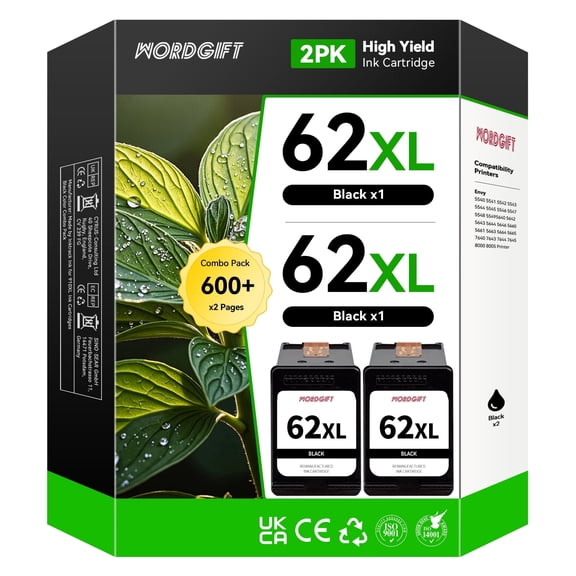 62XL Black Ink Cartridges Compatible for HP 62 Ink Cartridges for HP Envy 5660 5643 7640 7645 Printer Ink (2 Pack)