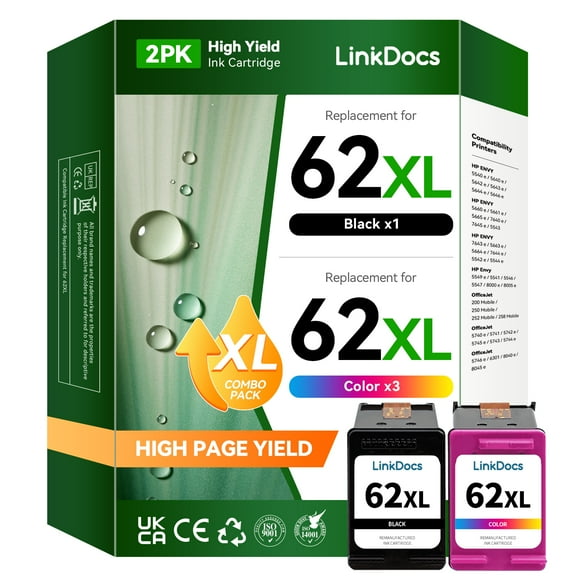 62XL Compatible 62XL 62 Ink Cartridge to use with Envy 5540 5640 5660 7644 7645 OfficeJet 5740 8040 OfficeJet 200 250 Series Printer (1 Black, 1 Tri-Color, 2-Pack)