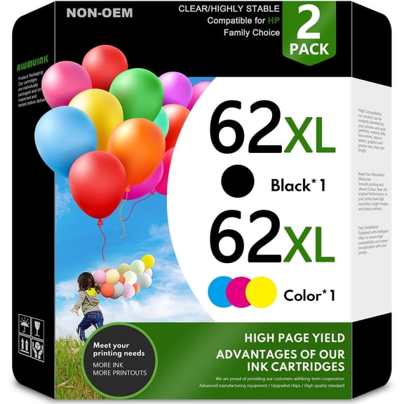 62XL Ink Black/Tri-Color Compatible for 62 Ink Cartridges for Envy 7640 Officejet 8040 Printer