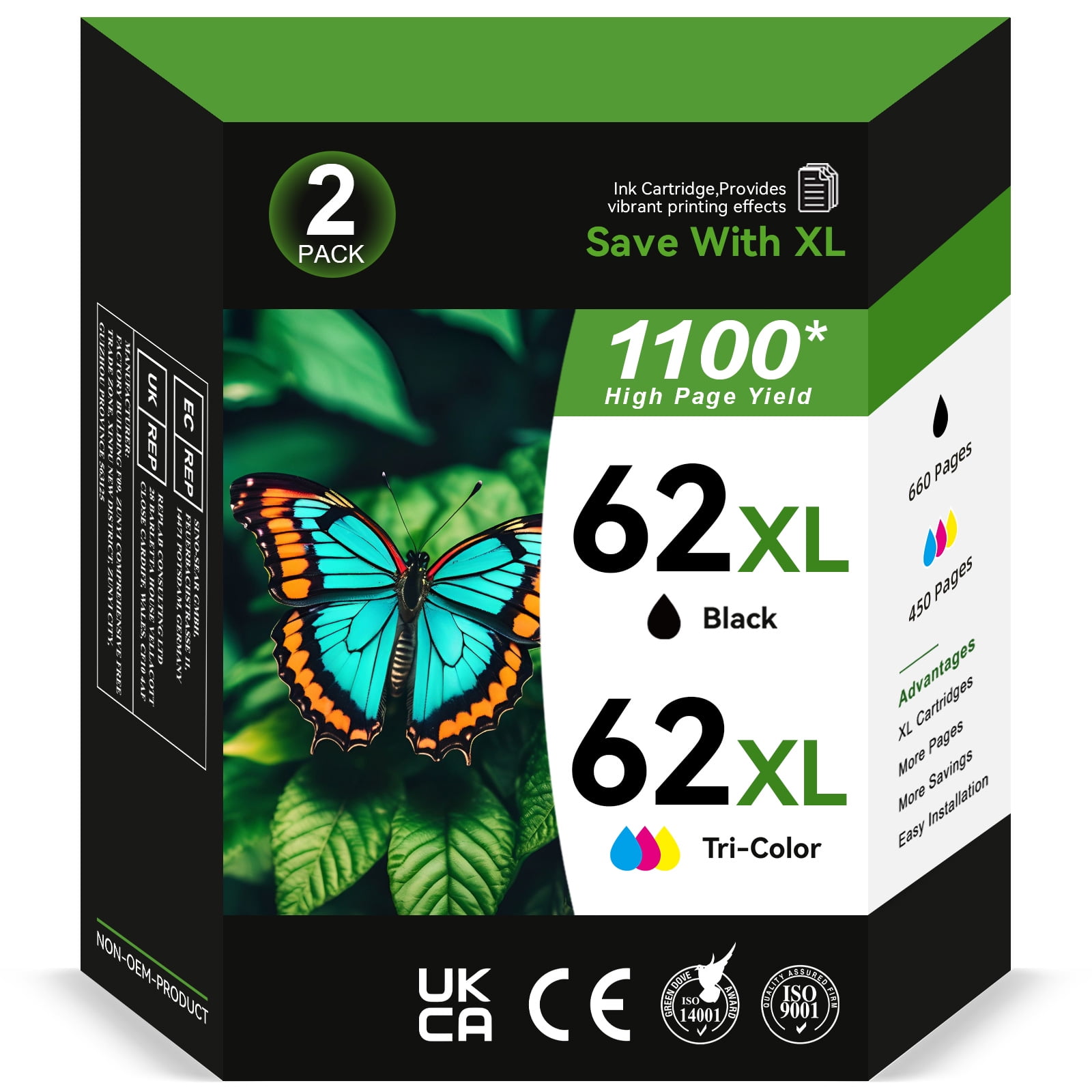 Printer Ink 62 62XL Compatible For HP Ink 62 62XL Black And Color Combo Pack For HP Envy 5540 5640 7645 5660 Officejet 5740 5746 250 - View #3
