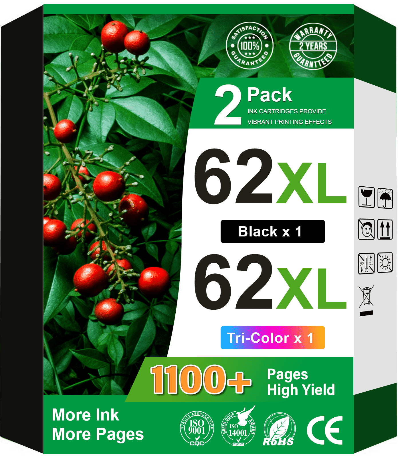 62 Ink Compatible for HP 62 Ink Cartridges for HP Ink 62 Printer Ink (Black, Tri-color)