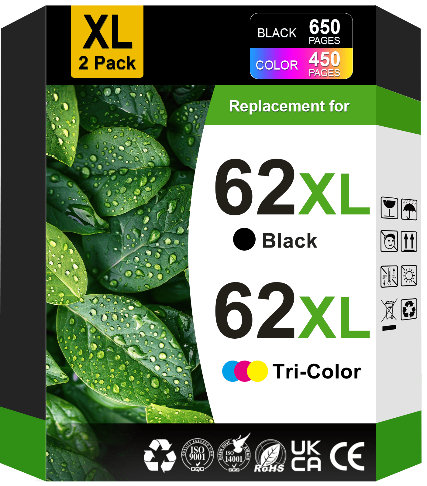 62XL Ink Cartridges Compatible for HP 62 Ink Cartridges for HP Ink 62 for 62XL Ink (Black, Tri-color)
