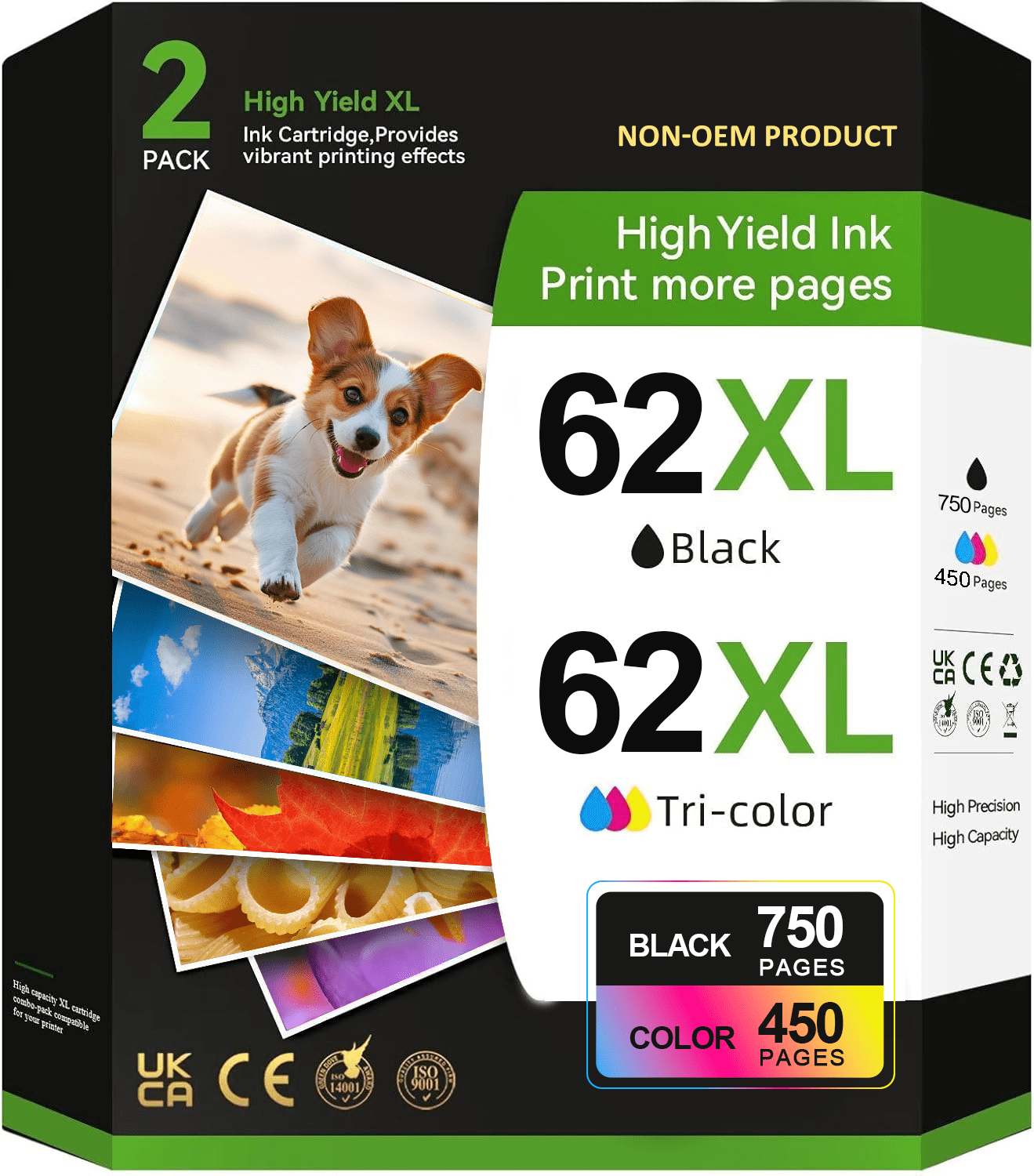 62XL Ink Cartridges Compatible for HP 62 62XL Ink Cartridge Work with Envy 5540 5640 5660 7640 7645 OfficeJet 5740 5745 8040 Printer (1 Black, 1 Tri-Color, 2-Pack)