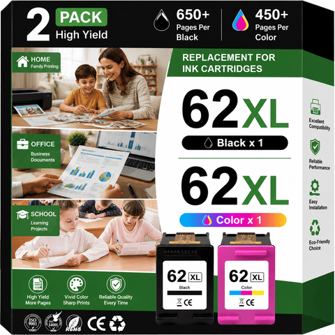 62XL Ink Cartridges Compatible for HP 62 Ink Cartridges Combo for HP Ink 62 for HP Envy 7640 5660 Officejet 200 250 Mobile Printer
