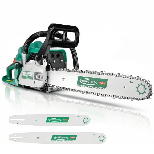 62cc 2-Stroke Gas Chainsaw, 14+20 Inch Dual Guide Bar Power Wood Cutting Saw with Engine for Tree Felling, Farm, Garden, White and Green