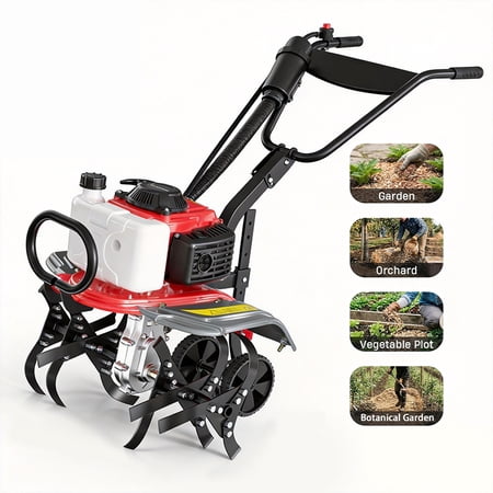 62cc 4 Stroke Gasoline Rotary Tiller has a working width of 20 Inches, 8000 RPM, 6-level depth control, and a power output of 1.9 kW. It is suitable for lawn, garden, and soil tillage.