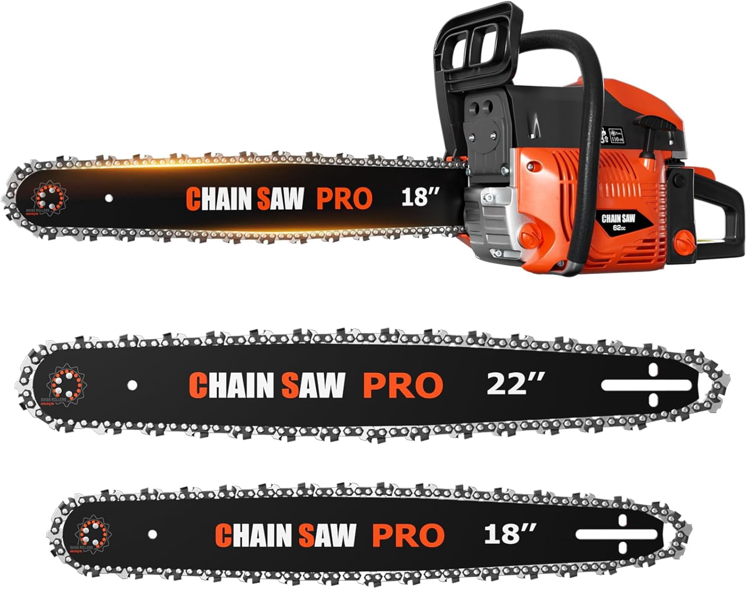 62cc Gas Chainsaw, 18 & 22 Inch Professional Chainsaw with 2-Cycle Engine & Anti-Vibration System, Quick Start Technology for Tree Cutting (62CC 18in+22in)