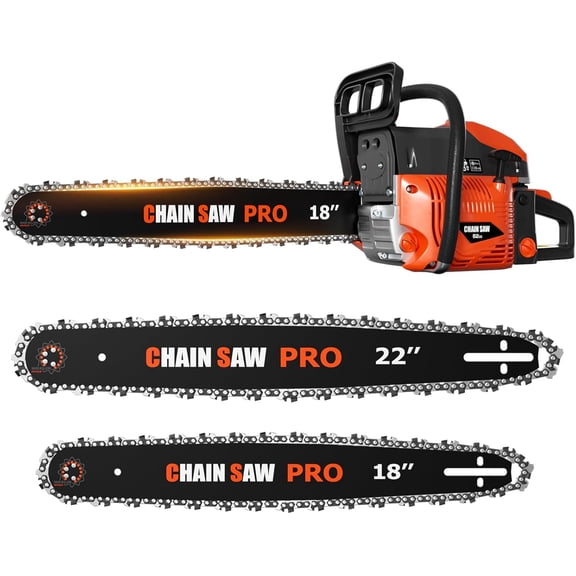 62cc Gas Chainsaw, 18 & 22 Inch Professional Chainsaw with 2-Cycle Engine & Anti-Vibration System, Quick Start Technology for Tree Cutting (62CC 18in+22in)