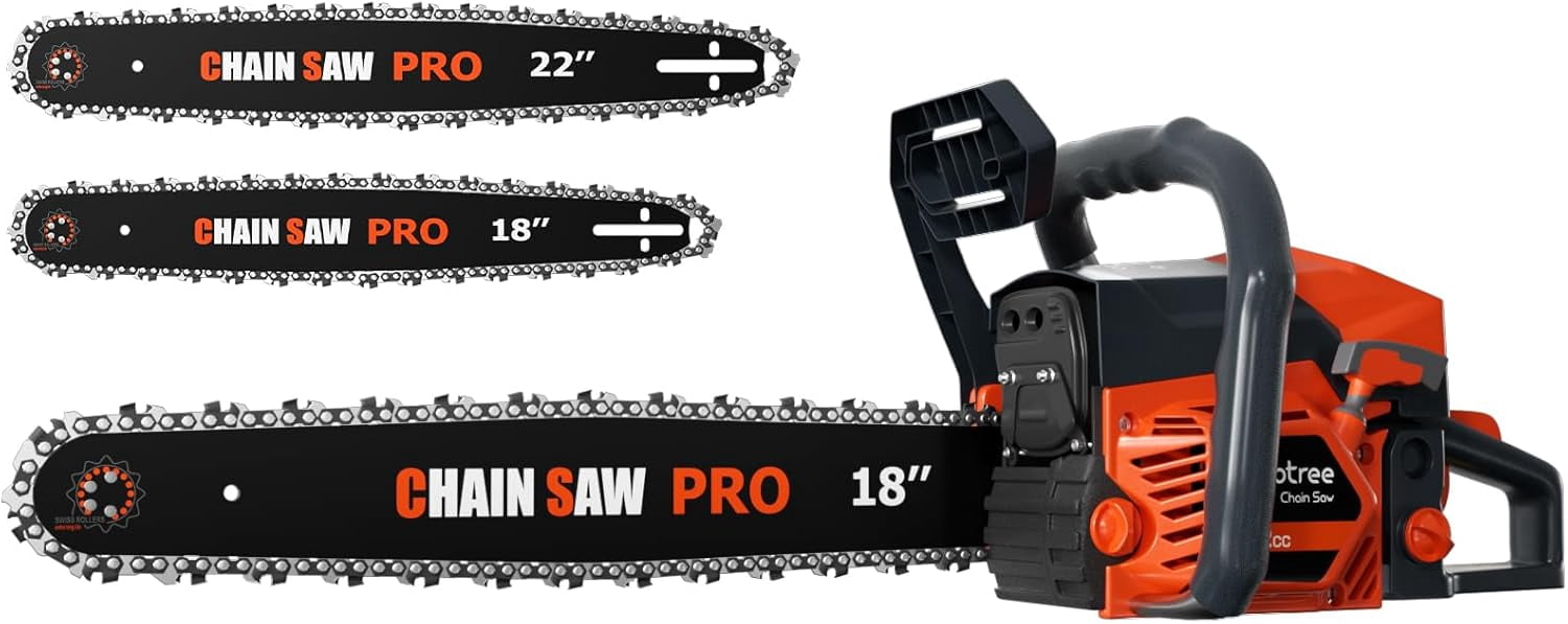 62cc Gas Chainsaw, 18 & 22 Inch Professional Chainsaw with 2-Cycle Engine & Anti-Vibration System, Quick Start Technology for Tree Cutting, Firewood, Logging (62CC 18in+22in)