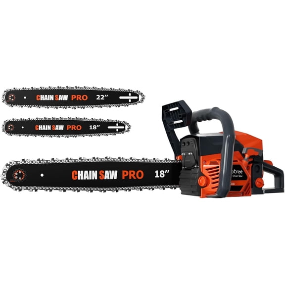 62cc Gas Chainsaw, 18 & 22 Inch Professional Chainsaw with 2-Cycle Engine & Anti-Vibration System, Quick Start Technology for Tree Cutting, Firewood, Logging (62CC 18in+22in)