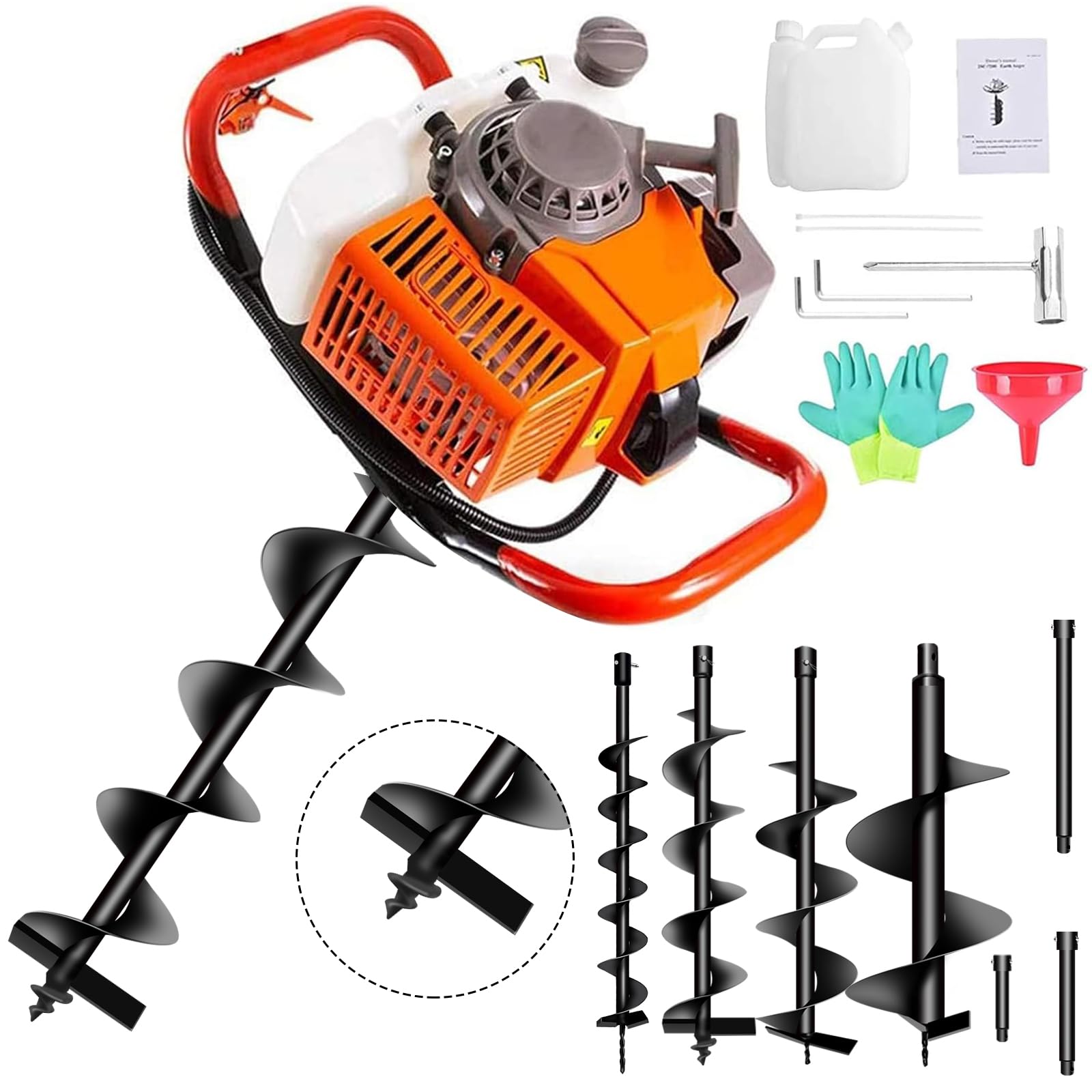 62cc Post Hole Digger 2Stroke Petrol Gas Powered Earth Digger with 3